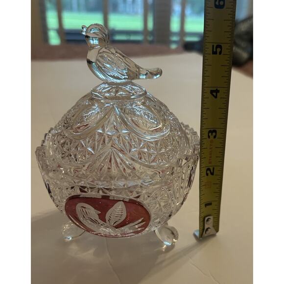 Vintage Hofbauer 4” Crystal Red Byrdes Bird Covered‎ Sawtooth Candy Dish Footed - Picture 9 of 9